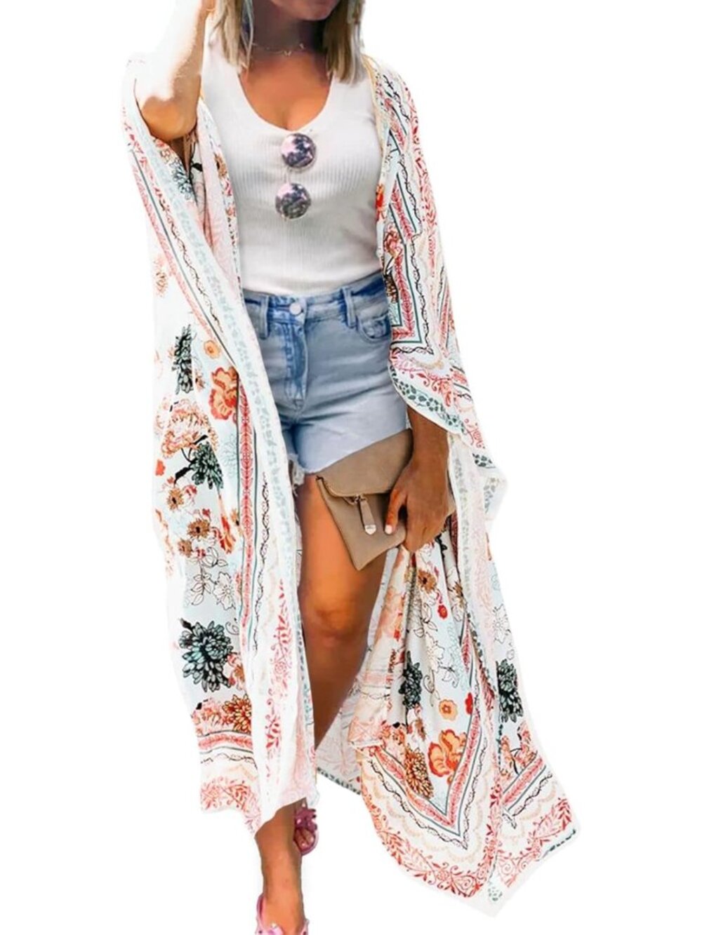 Women's Summer Long Flowy Kimono Cardigans Boho Chiffon Beach Cover Up Tops
